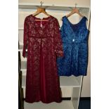 TWO SECOND HALF 20TH CENTURY LADIES EVENING DRESSES, together with a box of head scarves,