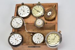 A HINGED WOODEN BOX OF POCKET WATCHES, to include five early 20th Century open face, silver
