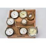 A HINGED WOODEN BOX OF POCKET WATCHES, to include five early 20th Century open face, silver