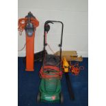 A QUALCAST ELECTRIC LAWNMOWER with grass box together with a Flymo garden vac and a boxed JCB