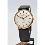 A 9CT GOLD CASED OMEGA WRISTWATCH, silvered dial with gold batons and hands, hand wound movement,