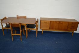 A 1970'S/80'S TEAK SIDEBOARD with three graduated drawers and fall front cupboard flanking double