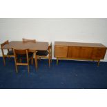 A 1970'S/80'S TEAK SIDEBOARD with three graduated drawers and fall front cupboard flanking double