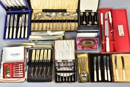 A BOX OF CASED CUTLERY AND FLATWARE, including a set of six hallmarked silver bean end coffee spoons