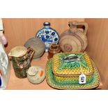 SEVEN CERAMIC ITEMS COMPRISING A VICTORIAN MAJOLICA SARDINE DISH AND COVER, moulded decoration,