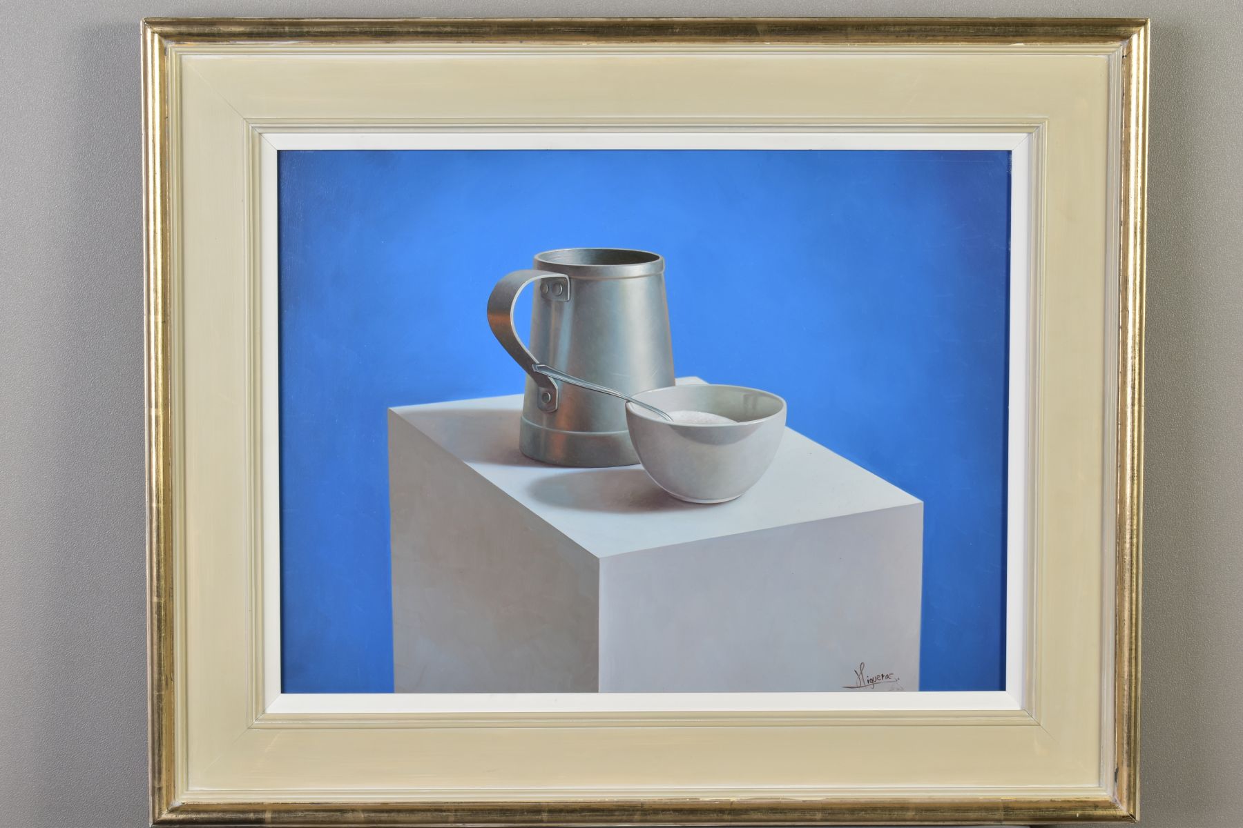 JUAN HIGUERAS (SPANISH 1963) 'STILL LIFE I', a study of a pewter mug and bowl of sugar, signed