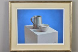 JUAN HIGUERAS (SPANISH 1963) 'STILL LIFE I', a study of a pewter mug and bowl of sugar, signed