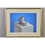 JUAN HIGUERAS (SPANISH 1963) 'STILL LIFE I', a study of a pewter mug and bowl of sugar, signed