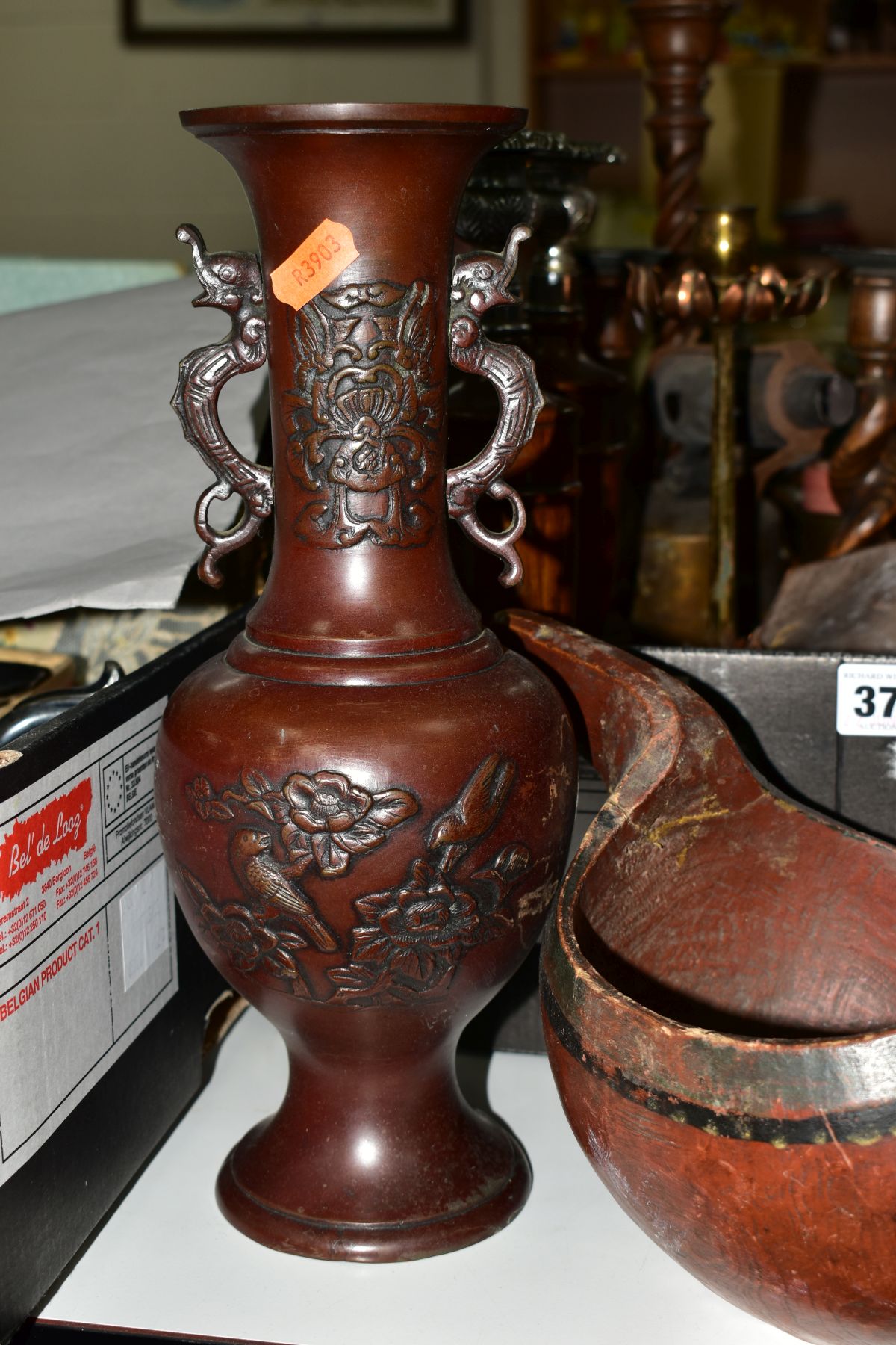A PAIR OF JAPANESE BRONZED VASES, wooden twin handled vessel and a box of metalware and treen, - Image 2 of 9