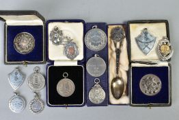 FOURTEEN ASSORTED MILITARY SHOOTING MEDALS, three boxed together with a spoon, boxed, many of the