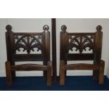 A PAIR OF LATE 19TH/EARLY 20TH CENTURY OAK GOTHIC SINGLE BED FRAMES, with irons
