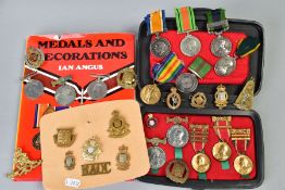 BOX CONTAINING MEDALS, BADGES AND SCHOOL ATTENDANCE MEDALS ALL FAMILY CONNECTED, as follows, group