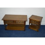 AN OLD CHARM OAK COFFEE TABLE with two drawers and undershelf, width 91cm x depth 45cm x height