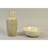 TWO PIECES OF RUSKIN POTTERY IN MOTTLED DOVE GREY GLAZE, a shouldered baluster vase, impressed marks