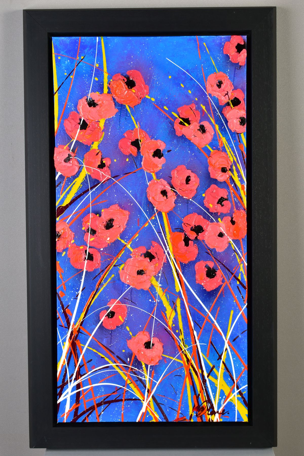 CLARE SYKES (BRITISH 1972) 'HER BUTTONS', poppy flowers against an abstract backdrop, signed