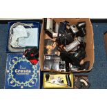 A TRAY OF CAMERAS, ELECTRICALS AND TOOLS including an Avo Minor, a Stanley RB10 plane in box