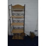 A MODERN WROUGHT IRON AND WICKER FOLDING FIVE TIER FOLDING WALL SHELVES together with a metal