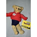 A VINTAGE 1930'S MERRYTHOUGHT MOHAIR PLUSH TEDDY BEAR, vertical stitched nose with the two dropped