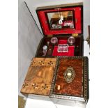A WOODEN CAMPAIGN DRESSING TABLE BOX with brass bound edges and inlaid brass decoration (