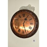 A LATE 19TH CENTURY OAK CASED CIRCULAR WALL CLOCK, carved decoration, copper 11''/28cm dial with