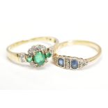 TWO GEM SET RINGS, the first designed with a central oval emerald flanked by circular emeralds in