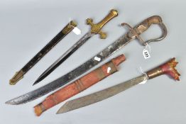 THREE MILITARY BLADED WEAPONS AS FOLLOWS, 19th century? Cutlass, curved blade of approximately 23'',