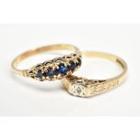 TWO 9CT GOLD GEM SET RINGS, the first designed as a graduated row of five circular sapphires to