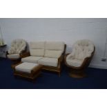 A MODERN CROSS RATTAN FOUR PIECE CONSERVATORY SUITE with oatmeal removable cushions, comprising a