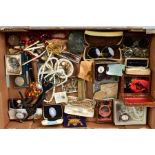 A BOX OF COSTUME JEWELLERY, WATCHES, PENS, COINS etc, to include many early 20th Century items, also