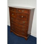 A TALL REPRODUCTION MAHOGANY AND INLAID SERPENTINE CHEST OF TWO SHORT AND TWO SHORT DEEP DRAWERS AND