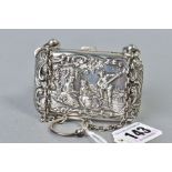 AN EDWARDIAN SILVER PURSE OF RECTANGULAR FORM, repousse decorated with a fete champetre and a