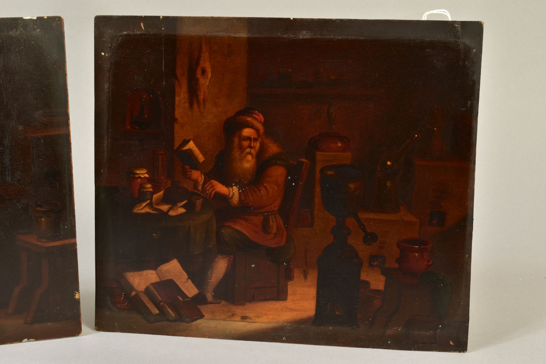 19TH CENTURY DUTCH SCHOOL, interior scenes of two elderly men, an alchemist and a scholar, a pair, - Image 3 of 4