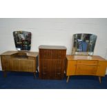 A 1950'S TEAK TWO PIECE BEDROOM SUITE comprising a dressing table with a single mirror and a tall