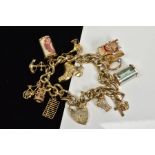 A 9CT GOLD CHARM BRACELET, the curb link bracelet suspending fourteen charms, to include a boot