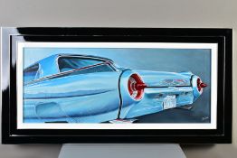ROZ WILSON (BRITISH CONTEMPORARY) 'TURQUOISE THUNDERBIRD', a rear view of a 1950's Ford Thunderbird,
