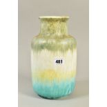A RUSKIN POTTERY VASE IN SHADED GREEN, WHITE, YELLOW AND BLUE CRYSTALLINE GLAZES, impressed marks,