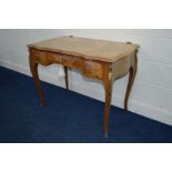 A REPRODUCTION LOUIS IV KINGWOOD AND FLORALLY INLAID FINISH SERPENTINE SIDE TABLE, one long drawer