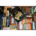 FOUR BOXES OF BOOKS, including vintage Penguin paperbacks, reference books, travel interest etc