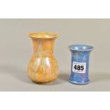 TWO RUSKIN POTTERY LUSTRE GLAZED VASES, the conical vase with flared rim with a purple lustre glaze,