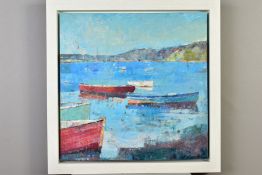 SALLY ANN FITTER (BRITISH CONTEMPORARY) 'CALM DAY AT BOLANT', boats at their moorings, signed and
