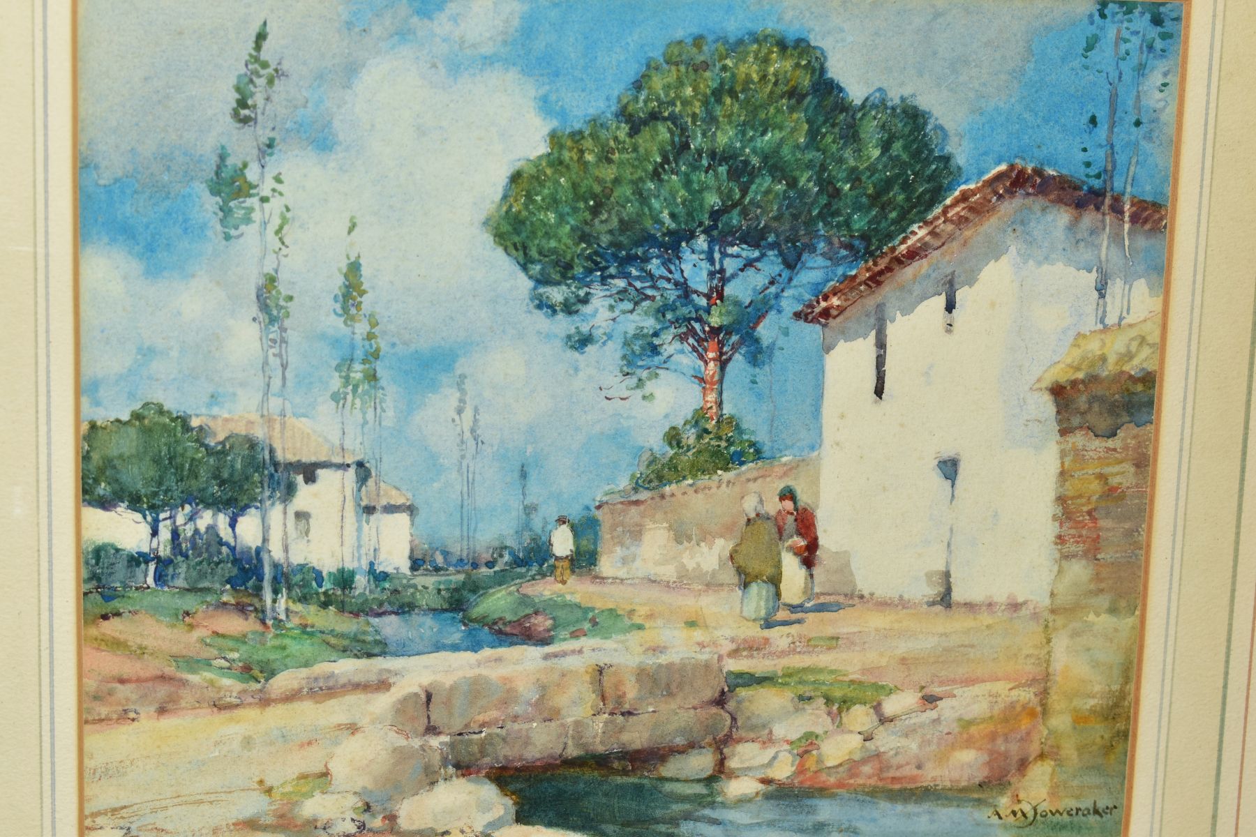 ALBERT MOULTON FOWERAKER (BRITISH 1873-1942) 'NEAR GRANADA', figures on a track by a stream and - Image 2 of 3