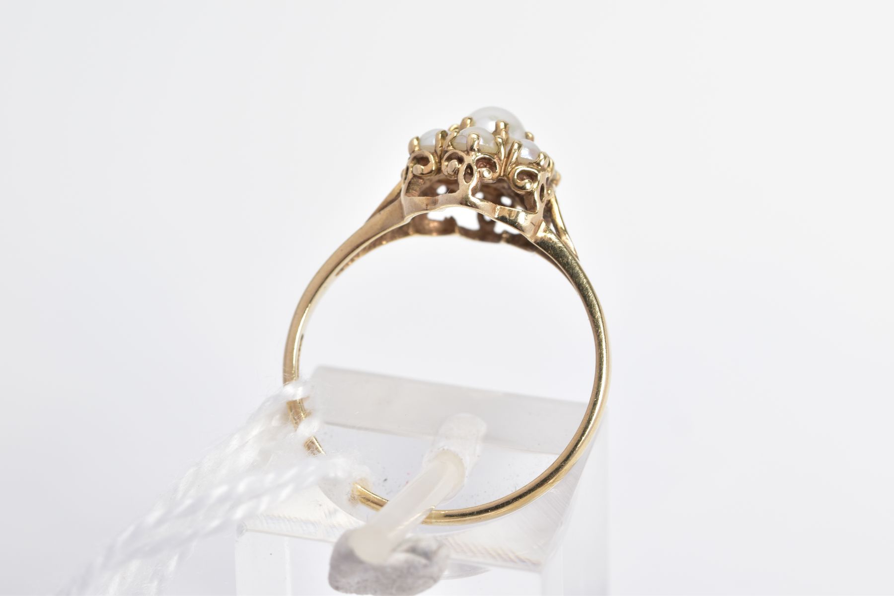 A 9CT GOLD SPLIT PEARL CLUSTER RING, designed as a tiered cluster of claw set split pearls to the - Image 3 of 3