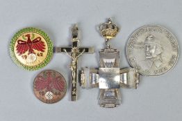 AN SILVER CROSS of ornate design with a crown suspender and the centre cartouche is engraved as