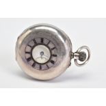 AN EARLY 20TH CENTURY SILVER HALF HUNTER POCKET WATCH, with blue enamel Roman numerals to the
