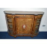 A VICTORIAN BURR WALNUT, AMBOYNA BANDED AND INLAID CREDENZA, with an ebonised edge to the top and