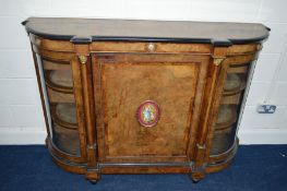 A VICTORIAN BURR WALNUT, AMBOYNA BANDED AND INLAID CREDENZA, with an ebonised edge to the top and