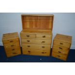 A MODERN PINE CHEST OF FIVE DRAWERS, two matching bedside chest of four drawers and a hanging