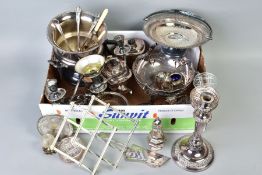 A BOX OF SILVER PLATE, to include wine cooler, swing handled baskets, candelabrum, bottle coaster,