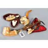 A GROUP OF FIVE MEERSCHAUM PIPES, two cased, comprising a 9ct gold mounted dog mask pipe (sd),