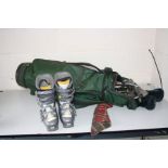 A PAIR OF SALOMON SKI BOOTS womens size UK5 and a golf bag containing MacGregor, Spalding and